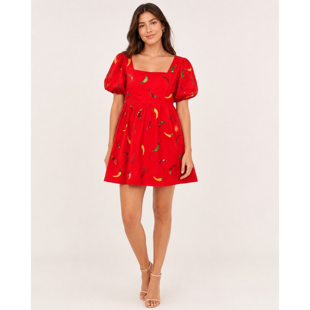 Queen of Sparkles Womens M Mini Dress Red Sequin Chili Pepper Puff Sleeve Cotton
